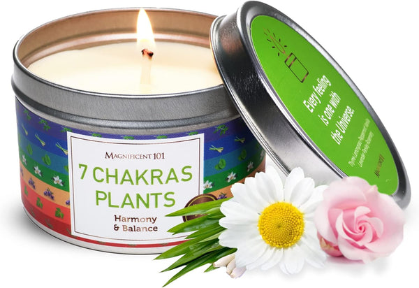 MAGNIFICENT 101 7 Chakras Plants Smudge Candle, Natural Soy Wax Tin Candle for Harmony and Balance, Energy Cleansing