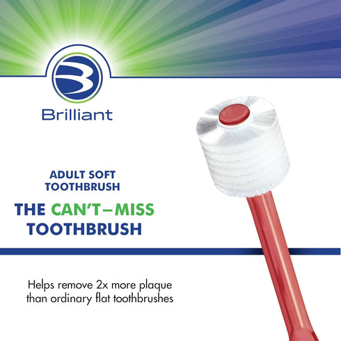 Brilliant Oral Care Adult Toothbrush - Soft Bristles, Round Head, 2 Pack Red + Clear for Teeth and Gums
