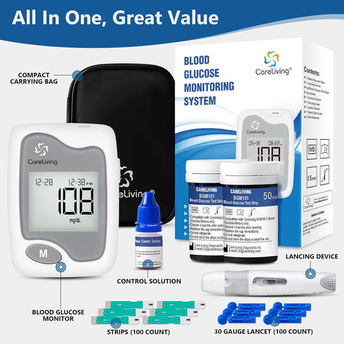BGM101 Blood Glucose Monitor Kit, 100 Test Strips, 100 Lancets, 1 Meter, Diabetes Testing Kit, Portable Glucometer Kit