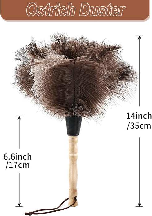 Ostrich Feather Duster Classic 14" with Wooden Handle, Natural Fluffy, Eco-Friendly Reusable for Home and Office