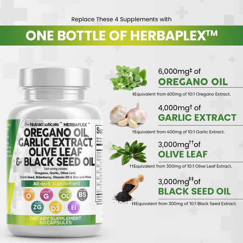 Oregano Oil 6000mg Garlic Extract 4000mg Olive Leaf 3000mg Black Seed Oil 3000mg - Immune Support & Digestive Health Supplement for Women and Men with Vitamin D3 and Zinc - 60 Caps