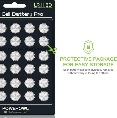 POWEROWL High Capacity LR1130 AG10 Batteries, 30 Pack, Premium Alkaline 1.5V