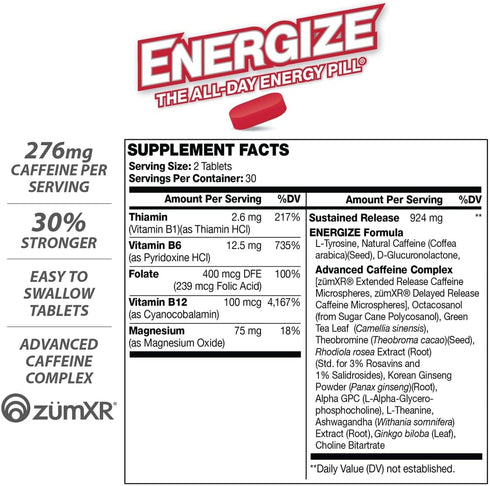 Energize Extra Strength Caffeine Pills - Fast Acting Energy Support for Men & Women (60 Tablets)