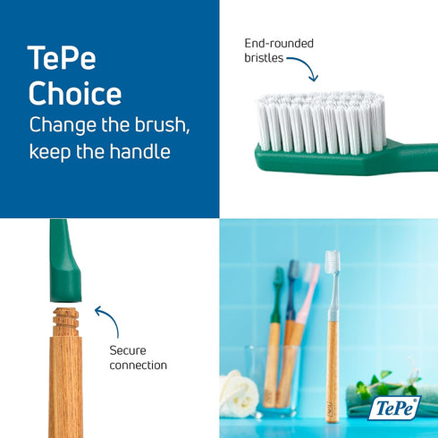 TEPE Choice Soft Toothbrush, Dental Toothbrush for Teeth Cleaning with 3 Replaceable Heads, Green