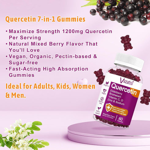 Quercetin Gummies | Organic Supplement with Vitamin C, Zinc, Bromelain & Elderberry for Immune Support