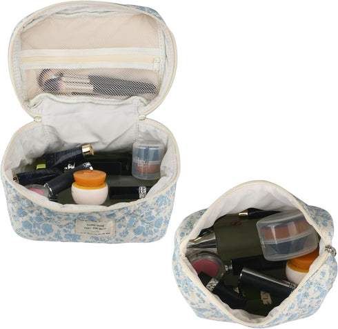 Cute Makeup Bag for Women, 2 Pcs Travel Cosmetic Bags, Quilted Aesthetic Floral Organizer (Navy Blue Flower)