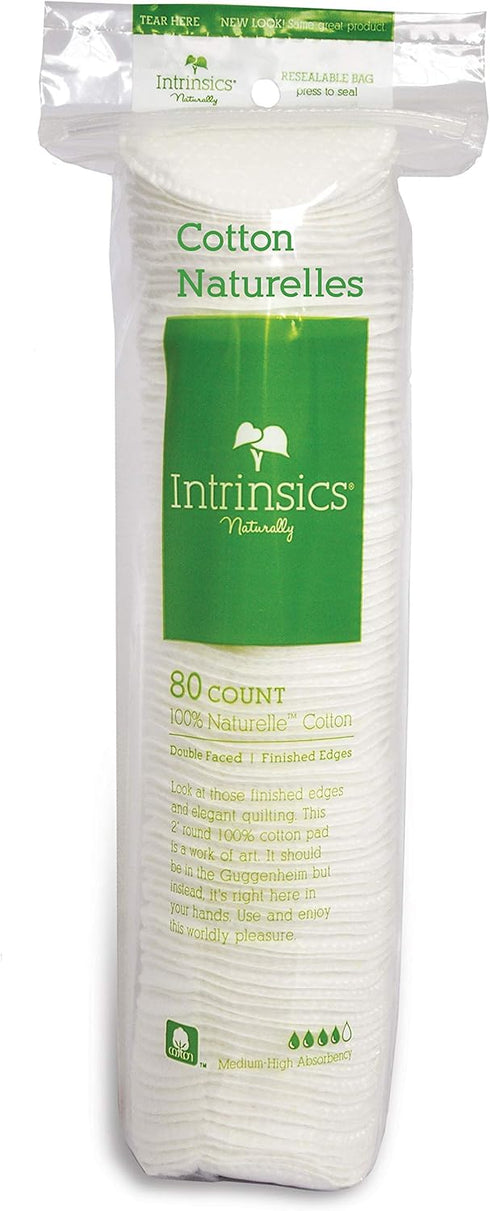 Intrinsics Cotton Naturelles, 80 Count, 2” Medium-High Absorbency Cotton Rounds for Makeup Removal