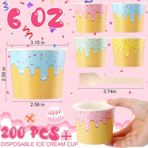 Ninehaoou 200 Pack 6 oz Frozen Paper Ice Cream Cups with Wooden Spoons, Disposable Dessert Bowls, Colorful Sundae Bar