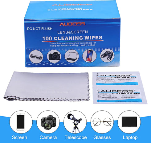 Surfaces,Pack 100 Pre-Moistened Lens Wipes ALIBEISS Screen Wipes for Glasses, Camera,Tablets, Smartphone, Screens