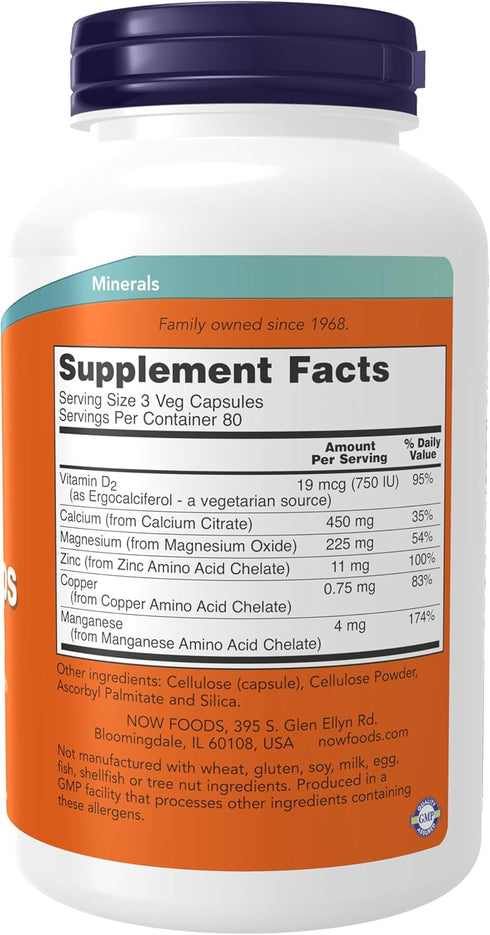 NOW Supplements, Calcium Citrate with Vitamin D, Magnesium, Zinc, Copper, and Manganese, 240 Veg Capsules