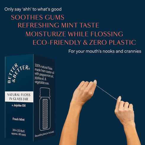Better & Better Natural Floss in Refillable Glass Jar | 100% Plant-Based Waxed Dental Floss | Eco-Friendly Oral Care