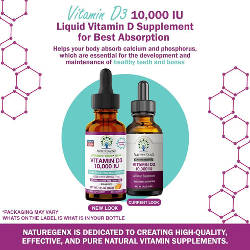 Vitamin D Liquid Drops for Adults: Vegan D3 10000 IU for Immune Support & Bone Strength, 30ml, 30 Servings