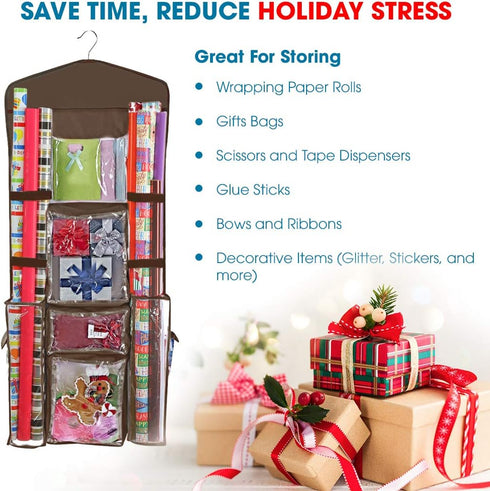 ProPik Hanging Double Sided Wrapping Paper Storage Organizer with Multiple Pockets, 40"X17" Clear PVC Bag (Brown)