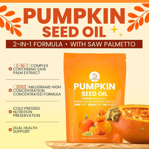 Hochornk 2 1 Skin-300 Pumpkin Seed Oil Capsules, in Pumpkin Seed Oil for Hair Growth with Saw Palmetto, Promotes Scalp