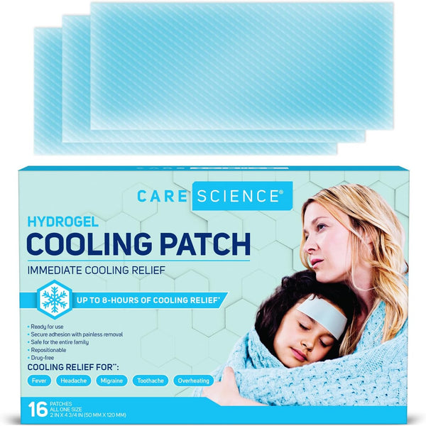 Care Science Hydrogel Cooling Patch 16ct - Drug Free Cooling Patches for Headache and Fever Relief, Ready-to-Use