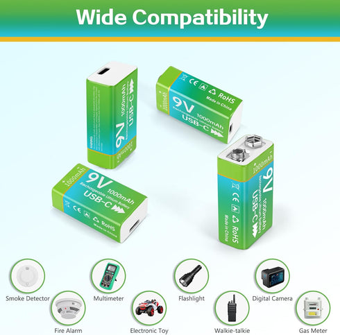 volkate 9V 4 Pack 1000mAh 9 6F22 Rechargeable Batteries for Smoke Detector, Volt Lithium Square Battery with USB-C
