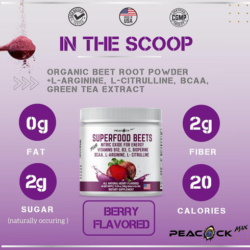 Superfood Beet Powder - Nitric Oxide, Green Tea, BCAA, L-Arginine, L-Citrulline for Heart Health Support, Non-GMO Berry