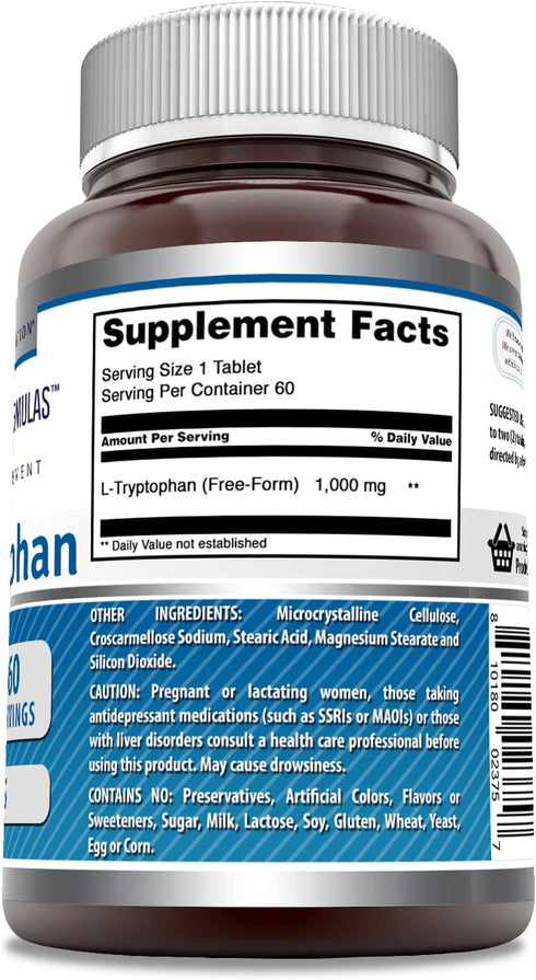 Amazing Formulas L-Tryptophan 1000mg, 60 Tablets, Non-GMO, Gluten Free, Made in USA