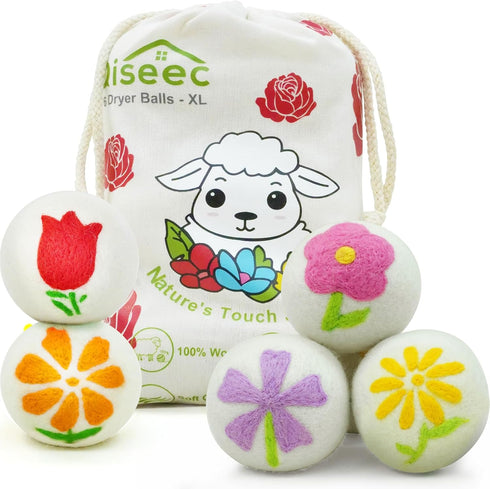 Qiseec Wool Dryer Balls 6-Pack XL - Unique Petal Embroidery, Natural Reusable Laundry