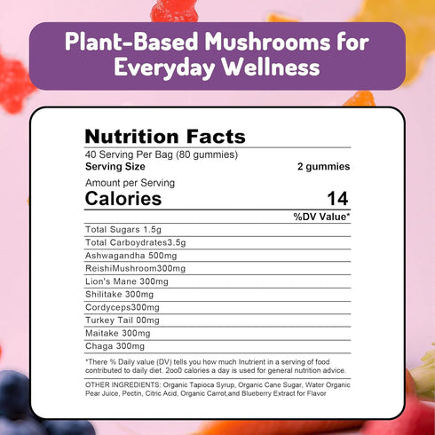 KAACHLI 1000mg Gummies, 8-Mushroom 160 Count. Ashwagandha & Mushroom with Blend (Reishi, Lion's Mane, Cordyceps).