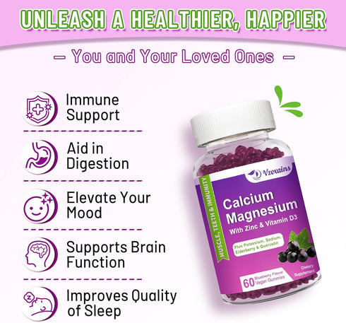High Absorption Calcium Magnesium Zinc Gummies, 120 Cts, Sugar Free with Potassium & Vitamin D3 for Bone Strength