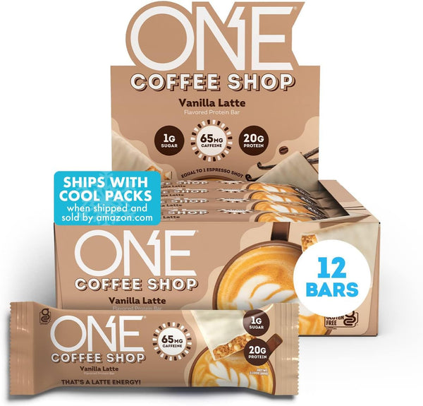 ONE Caffeinated Protein Bars, Vanilla Latte, Gluten Free, 20g Protein, 65mg Caffeine Energy, 2.12 oz (12 Count)