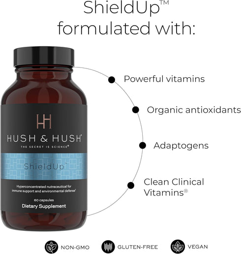 Hush & Hush ShieldUp - Immune Booster Energy Supplement - 60 Capsules, Vegan, Gluten Free, Vitamin C, Maca Root
