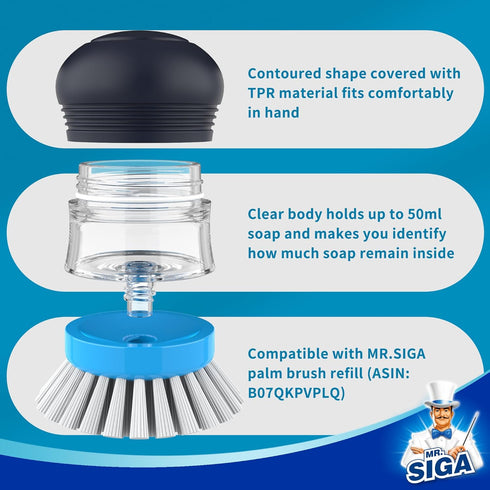 Pack 1, MR.SIGA Soap Dispensing Palm Brush, Kitchen Brush for Dish Pot Pan Sink Cleaning, of Navy/Blue