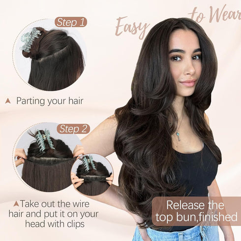 KooKaStyle Invisible Wire Hair Extensions, 20 Inch Long Wavy Layered Synthetic Hair with 6 Secure Clips