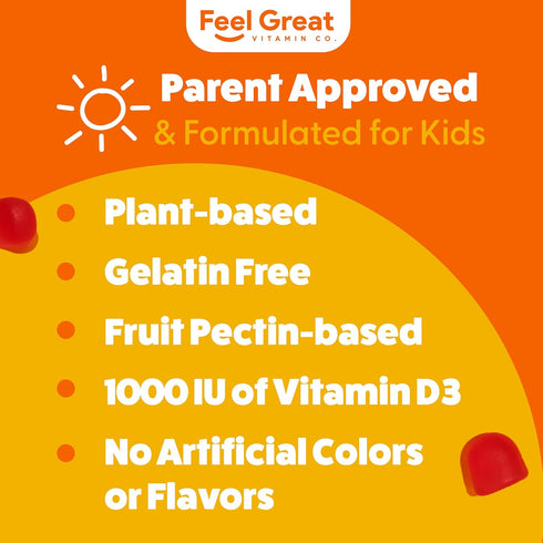 Feel Great Kids Vitamin D3 1000 IU Gummies for Healthy Bones, Mood, & Immune Support, Citrus Flavored Vegetarian D3