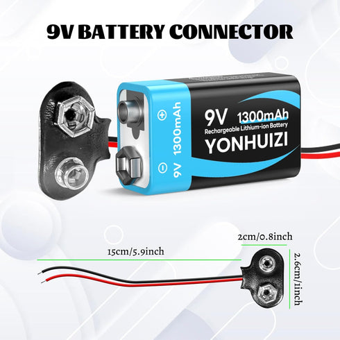 YONHUIZI 4-Pack 1300mAh 9V 9 Rechargeable Batteries, Volt Lithium-ion Square Battery Long Lasting Power+Clip Connector