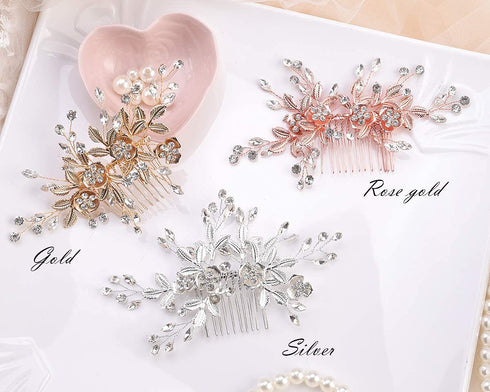 YERTTER Vintage Rhinestones Bride Wedding Hair Accessories - Rose Gold Crystal Floral Leaves Bridal Hair Comb