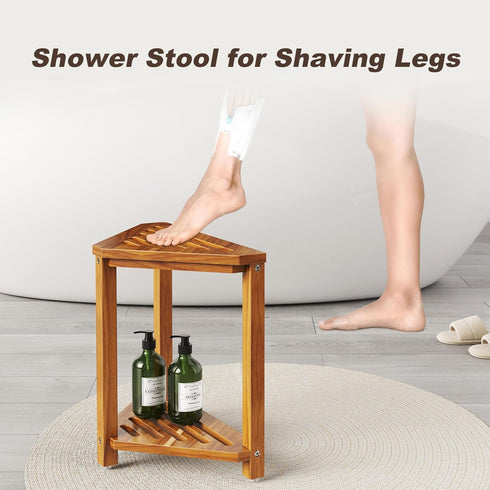 Kzeirm 14" Corner Shower Stool for Inside Shower, Shower Foot Rest Stool for Shaving Legs, Acacia Wood Corner Shower