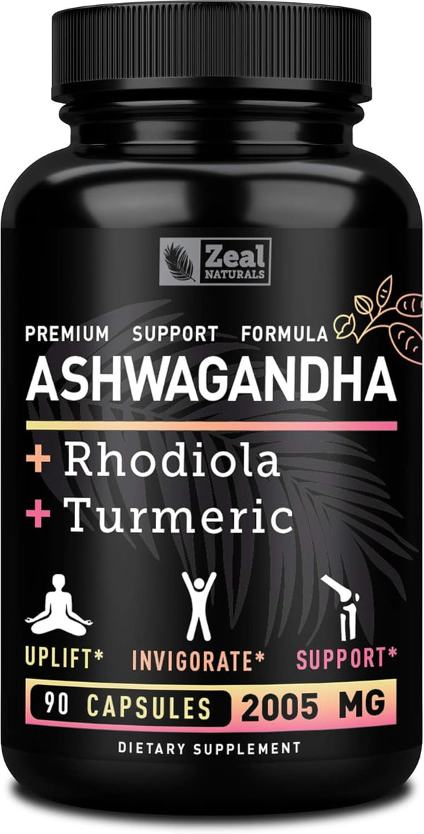 Ashwagandha Complex - Organic Ashwagandha Root Powder + Rhodiola Rosea + Turmeric - Premium Support Capsules Supplement