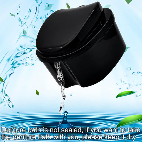 Black Denture Soaking Container, Waterproof Cleaning Case for Partial Denture, Retainer, with Strainer and Lid