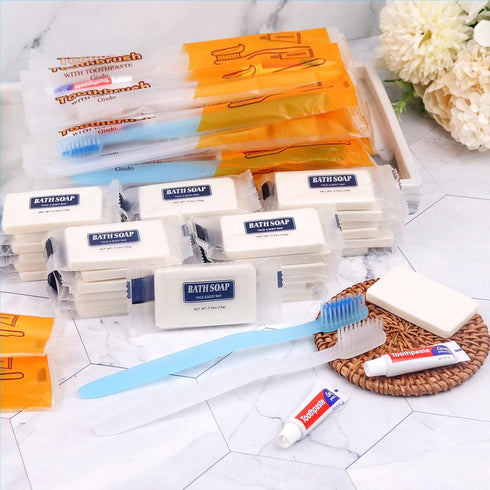 30 Pack Disposable Toothbrushes with Toothpaste and Soap, Individually Wrapped, 2 Colors, Hotel Travel Size