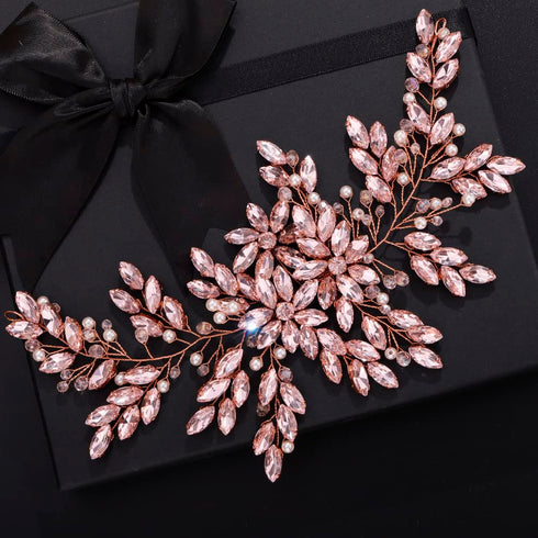 Pink Rhinestones Pearls Crystals Large Headband, Handmade Bridal Flower Hair Vine for Women, Rose Gold Hair Pieces