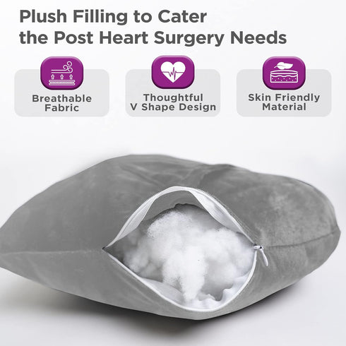 Pack, Zomaple Open Heart Surgery Pillow + Gel Grey Eases Chest Pressure for Calmer Rides & Rest Hot/Cold Comfort, Torso