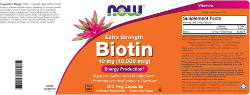 NOW Foods Extra Strength Biotin 10000mcg / 10 mg - 200 Veg Capsules for Hair, Skin, Nail, Vegetarian