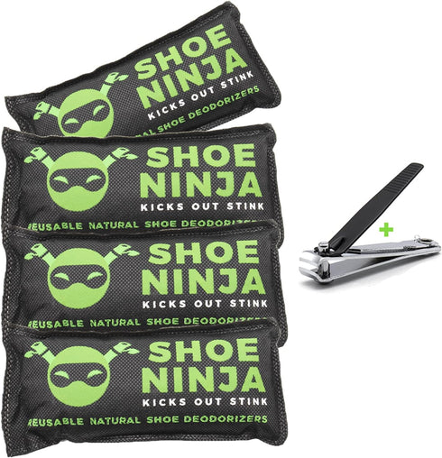 Activated Charcoal Shoe Deodorizer Inserts, Shoe Odor Eliminator Bags to Absorb Smell, Pack of 4 with Nail Clippers