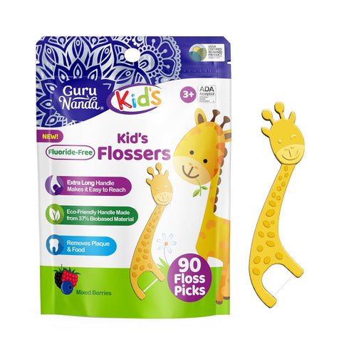 GuruNanda Dental Floss Picks for Kids - Extra-Long Giraffe-Shaped Picks, Fluoride-Free, Eco-Friendly Handle, 90 Count