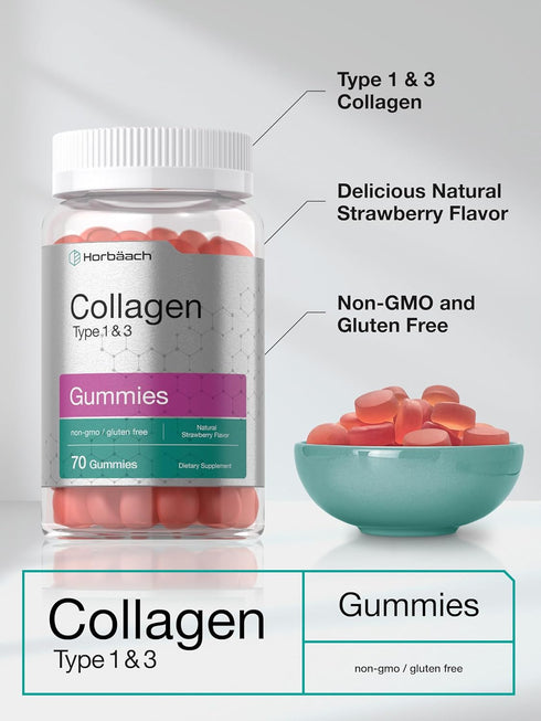 Horbaeach Collagen Gummies, 70 Count Strawberry Flavored, Hydrolyzed Collagen Type 1 and 3, Non-GMO, Gluten Free