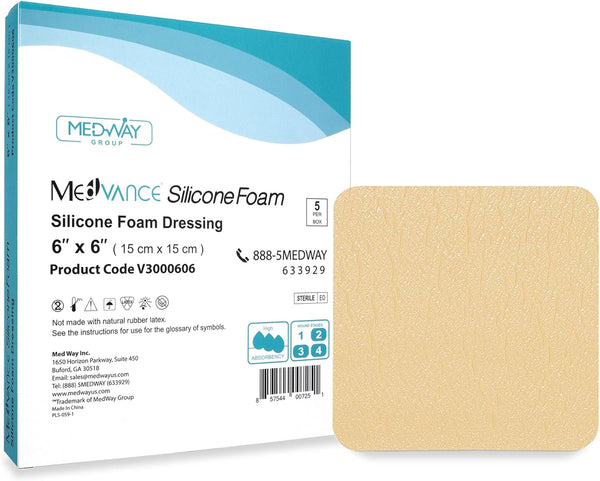 MedVance TM Silicone Adhesive Foam Absorbent Dressing, 6"x6", Box of 5