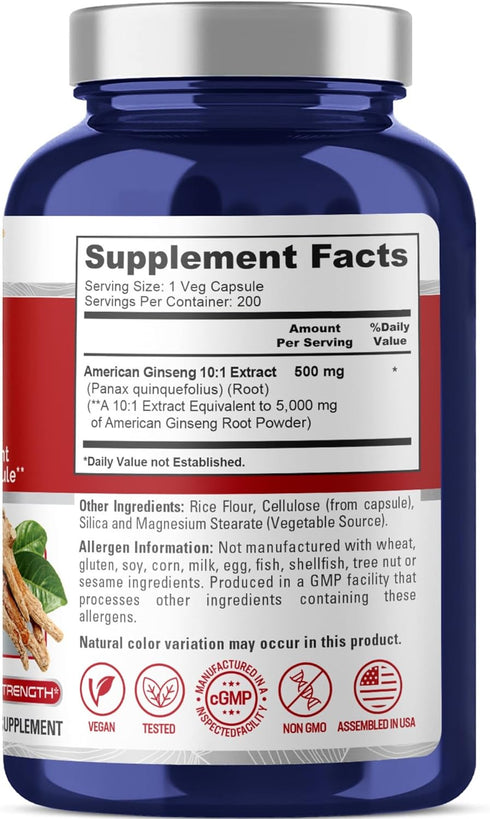 NusaPure American Ginseng 10:1 Extract, 500 mg Equivalent to 5000mg - 200 Veggie Capsules, Non-GMO, Vegan