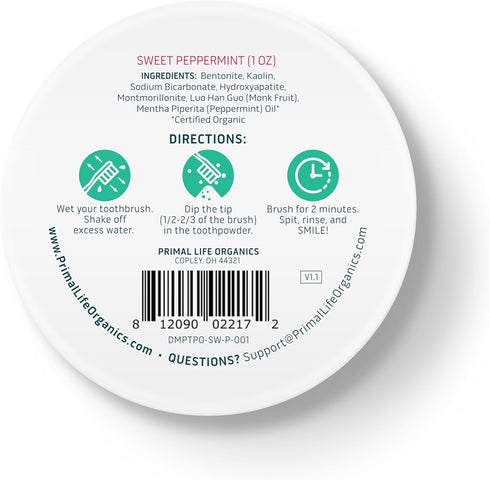 Primal Life Organics Dirty Mouth Toothpowder, Tooth Cleaning Powder, Organic, Vegan, Sweet Peppermint, 1 oz