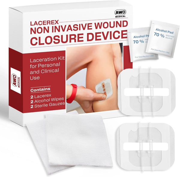 AWD Zip Stitch Wound Closure Strips - 2 Devices, 2 Sterile Gauzes, 2 Alcohol Wipes for Emergency Laceration