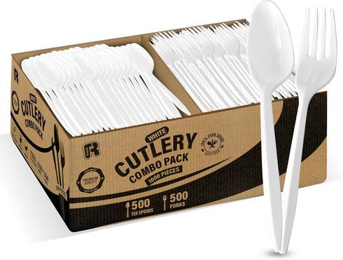 1000 Pcs Plastic Utensils Set - 500 Plastic Forks and 500 Plastic Teaspoons, Medium Weight Disposable Cutlery