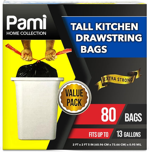 PAMI 13-Gallon Tall Kitchen Drawstring Trash Bags, 80-Pack, Black, Extra-Strong Plastic Liners for Kitchen & Outdoor