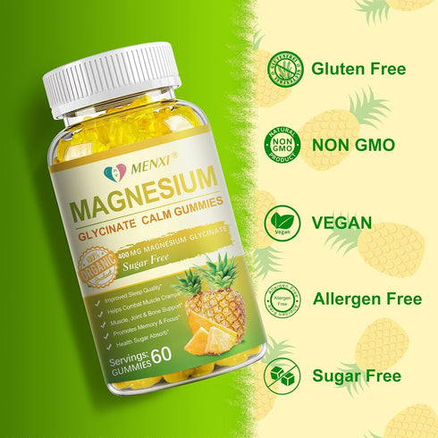 Magnesium Glycinate Gummies 400mg - Sugar Free Magnesium Taurate, Malate with Vitamin D, B6, CoQ10, 120 Gummies