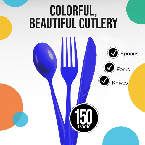 150 Pack Dark Blue Plastic Cutlery Set, Plastic Silverware Heavy Duty, Plastic Utensil Sets, 50 Plastic Forks 50 Plastic Spoons 50 Plastic Knives Disposable Cutlery Set For Party Supplies Exquisite by Exquisite